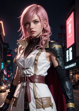 Master Piece, Best quality, upper body shot,female, woman, clothes ,cyberpunk scene, Lightning, Final Fantasy 13 game, Light pink hair, pink lips,, neck bone, midnight, city background, small breast, upper_body, lightning farron, Guardian Corp Uniform, ankle-length red cape attached to the left side of her back, light burgundy leather detachable pocket on her left leg,  green metallic pauldron over her left shoulder bearing yellow stripes, carries her gunblade in a black case that hangs off her belt, wears a necklace with a lightning bolt pendant, expressionless, closed mouth, partied lips