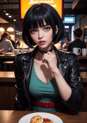 masterpiece, best quality, (detailed background), (beautiful detailed face, beautiful detailed eyes), absurdres, highres, ultra detailed, masterpiece, best quality, detailed eyes, 1_girl, cyberpunk scene, Tae Takemi, Persona 5 game, blue dark hair, pink lips, punkrock clothes, neck bone, messy bob cut, blunt bangs, brown eyes, red nails polish, short blue dress, black ripped pantyhose, short black jacket, red grommet belt, choker, midnight, at a cafe background, model pose, mouth open, close-fitting clothing, arms_folded, pov_eye_contact, upper_body