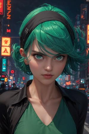 masterpiece, best quality, (detailed background), (beautiful detailed face, beautiful detailed eyes), absurdres, highres, ultra detailed, masterpiece, best quality, detailed eyes, frown, green_eyes, green hair, crossed_arms, folded arms, floating, dark green tight dress, long_sleeves, high collar, ,asian girl, upper body body, sexy pose, alluring, erotic pose, seductive, kinky, close-fitting clothing, neck bone, at the city , midnight, cyberpunk scene, neon lights, wind vfx, splashes, green lightning, light particles, electric, dj theme, synthwave theme, (bokeh:1.1), depth of field, wind powers ,guiltys