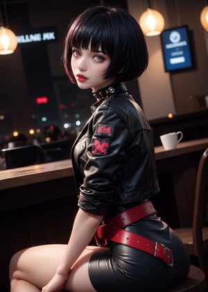 masterpiece, best quality, (detailed background), (beautiful detailed face, beautiful detailed eyes), absurdres, highres, ultra detailed, masterpiece, best quality, detailed eyes, 1_girl, cyberpunk scene, Tae Takemi, Persona 5 game, blue dark hair, pink lips, punkrock clothes, neck bone, messy bob cut, blunt bangs, brown eyes, red nails polish, short blue dress, black ripped pantyhose, short black jacket, red grommet belt, choker, midnight, at a cafe background, model pose, mouth open, close-fitting clothing, arms_folded, crossed_legs_(sitting), from_behind, pov_eye_contact