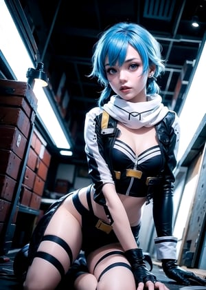 full body shot,female, woman, 20 year old woman, cyberpunk scene, blue light hair, Multi colored hair, pink_hair, red hair, pink lips, neck bone, messy haircut, midnight, at a secret hideout , SINON1,shionne1, erotic pose, alluring, sexy pose, maximum quality, perfect skin, no_sleeves, black shorts, dress, cleavage, fingerless gloves, scarf, kissy lips, hand armor, white dress,Yoko Littner, lighting effect, pony tail, black long thights