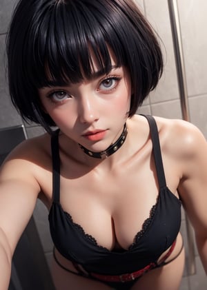 masterpiece, best quality, (detailed background), (beautiful detailed face, beautiful detailed eyes), absurdres, highres, ultra detailed, masterpiece, best quality, detailed eyes, 1_girl, Tae Takemi, Persona 5 game, blue dark hair, pink lips, neck bone, messy bob cut, blunt bangs, brown eyes, red nails polish, short blue dress, panty_hose, red grommet belt, choker, midnight, at shower, model pose, mouth open, close-fitting clothing, pov_eye_contact, upper_body, happy_face, blushing, cleavage, alluring, kinky, erotic