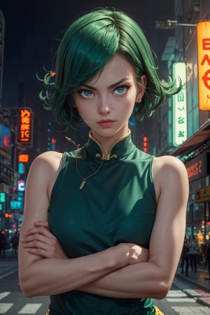 masterpiece, best quality, (detailed background), (beautiful detailed face, beautiful detailed eyes), absurdres, highres, ultra detailed, masterpiece, best quality, detailed eyes, frown, green_eyes, green hair, crossed_arms, folded arms, floating, dark green qipao, chenogasm, kun fu shoes, high collar, upper body body, sexy pose, alluring, erotic pose, seductive, kinky, close-fitting clothing, neck bone, at the city , midnight, cyberpunk scene, neon lights, wind vfx, splashes, green lightning, light particles, electric, dj theme, synthwave theme, (bokeh:1.1), depth of field, wind powers ,guiltys,SF2 CHUN 
