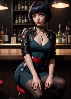 masterpiece, best quality, (detailed background), (beautiful detailed face, beautiful detailed eyes), absurdres, highres, ultra detailed, masterpiece, best quality, detailed eyes, full body, 1_girl, cyberpunk scene, Tae Takemi, Persona 5 game, blue dark hair, pink lips, punkrock clothes, neck bone, messy bob cut, blunt bangs, brown eyes, red nails polish, short blue dress, black ripped leggings, short black jacket, red grommet belt, choker, midnight, at a bar background, sexy pose, erotic pose, alluring pose, mouth open, kinky, close-fitting clothing, undressing, arms_crossed, arms_folded, crossed_legs_(sitting)