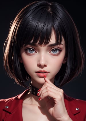 masterpiece, best quality, (detailed background), (beautiful detailed face, beautiful detailed eyes), absurdres, highres, ultra detailed, masterpiece, best quality, detailed eyes, 1_girl, Tae Takemi, Persona 5 game, blue dark hair, pink lips, neck bone, messy bob cut, blunt bangs, brown eyes, red nails polish, short blue dress, panty_hose, short black jacket, red grommet belt, choker, midnight, at a arcade background, model pose, mouth open, close-fitting clothing, pov_eye_contact, upper_body, happy_face, blushing