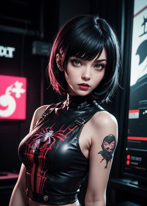 edgNoire,upper body shot,female, woman wearing casual punk clothes, (spider thights:1.1) ,cyberpunk scene, Tae Takemi, Persona 5 game, blue dark hair, pink lips, punk clothes, spider thights, black punk boots, doctor garb, neck bone