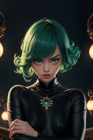 masterpiece, best quality, (detailed background), (beautiful detailed face, beautiful detailed eyes), absurdres, highres, ultra detailed, masterpiece, best quality, detailed eyes, frown, green_eyes, green hair, crossed_arms, folded arms, floating, dark green tight dress, long_sleeves, high collar, ,asian girl, upper body, sexy pose, alluring, erotic pose, open mouth, seductive, kinky, close-fitting clothing, neck bone, at the heroes base, midnight, cyberounk scene, neon lights