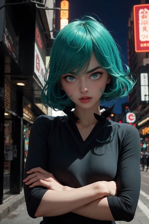 masterpiece, best quality, (detailed background), (beautiful detailed face, beautiful detailed eyes), absurdres, highres, ultra detailed, masterpiece, best quality, detailed eyes, frown, green_eyes, green hair, crossed_arms, folded arms, floating, dark green tight dress, long_sleeves, high collar, ,asian girl, upper body, sexy pose, alluring, erotic pose, open mouth, seductive, kinky, close-fitting clothing, neck bone, at the city , midnight, cyberounk scene, neon lights