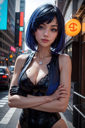 masterpiece, best quality, (detailed background), (beautiful detailed face, beautiful detailed eyes), absurdres, highres, ultra detailed, masterpiece, best quality, detailed eyes, green-eyes, , green iris, blue hair, crossed_arms, folded arms, upper body, close-fitting clothing, neck bone, at the city , midnight, cyberpunk scene, neon lights, splashes, light particles, electric, dj theme, synthwave theme, (bokeh:1.1), depth of field, yelan_\(genshin_impact\), short blue hair, Asymmetrical bob with asymmetrical bangs, necklace dice on her chest, sleeveless dark outfit with with a white jacket hanging, heeled shoes, hydro vision hanging, panty_hose, mole on boob, white fingerless gloves, marked v, marked abs, showing_armpits, smile, lying_down