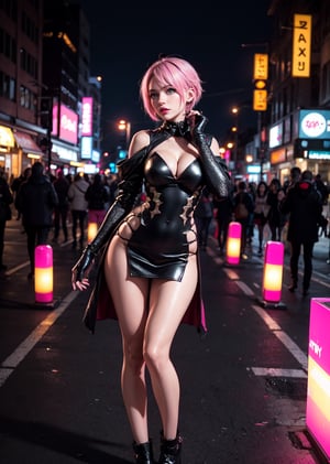 full body shot,female, woman, 20 year old woman, cyberpunk scene, blue light hair, Multi colored hair, pink_hair, pink lips, neck bone, messy haircut, midnight, city background, SINON1,shionne1, erotic pose, alluring, sexy pose, maximum quality, perfect skin, no_sleeves, black shorts, dress, cleavage, fingerless gloves, scarf, kissy lips, hand armor, white dress