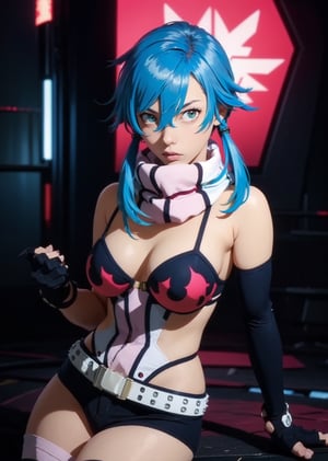 full body shot,female, woman, 20 year old woman, cyberpunk scene, blue light hair, Multi colored hair, pink_hair, red hair, pink lips, neck bone, messy haircut, midnight, at a secret hideout , SINON1,shionne1, erotic pose, alluring, sexy pose, maximum quality, perfect skin, no_sleeves, black shorts, dress, cleavage, fingerless gloves, scarf, kissy lips, hand armor, white dress,Yoko Littner, lighting effect, pony tail