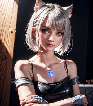 masterpiece, best quality, (detailed background), (beautiful detailed face, beautiful detailed eyes), absurdres, highres, ultra detailed, masterpiece, best quality, detailed eyes, Mio, From Xenoblade chronicles 3, 1girl, animal ears, grey hair, braid, breasts, fingerless gloves, jacket, looking, at viewer, off shoulder, short hair, female_solo, yellow eyes, smile, arms_crossed, arms_folded, at a base, neck bone, cat ears, 1girl, sexy pose, alluring