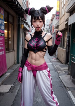 maximum quality, perfect body, 1_girl, pink lips, neck bone, midnight, at a alley, city lights, neon lights, korea, open mouth, serious, looking_at_viewer, full body shot, alluring, sexy pose, sadistic eyes, fighting pose, marked abs, sticking_out_tongue, tongue out, wearing Chinese bra-like top, chest supported with eight straps that meet on her back forming a spider pattern, wearing long, baggy off-white sweatpants, fingerless gloves,  fingernails and toenails are painted bright pink, dark hair styled into two horns on top of her head, which appear to be fastened with pink ribbons,Taekwondo foot wraps on her feet,han juri(sf), happy