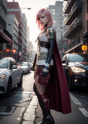 Master Piece, Best quality, full body shot, 1_girl, woman, ,cyberpunk scene, Lightning, Final Fantasy 13 game, Light pink hair, pink lips,, neck bone, midnight, on top of a ship background, small breast, full body, lightning farron, Guardian Corp Uniform, ankle-length red cape attached to the left side of her back, light burgundy leather detachable pocket on her left leg,  green metallic pauldron over her left shoulder bearing yellow stripes, carries her gunblade in a black case that hangs off her belt, wears a necklace with a lightning bolt pendant, expressionless, closed mouth, partied lips, straight nose, from side, looking_at_viewer, fingerless gloves, boots,, erotic pose, cowboy_shot