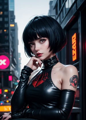 upper body shot,female, woman wearing casual punkrock clothes ,cyberpunk scene, Tae Takemi, Persona 5 game, blue dark hair, pink lips, punkrock clothes, spider thights, black punk boots, doctor garb, neck bone, messy bob cut, midnight, city background, sexy pose