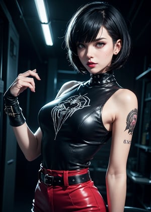 upper body shot,female, woman wearing casual punkrock clothes ,cyberpunk scene, Tae Takemi, Persona 5 game, blue dark hair, pink lips, punkrock clothes, spider thights, black punk boots, doctor garb, neck bone, messy bob cut