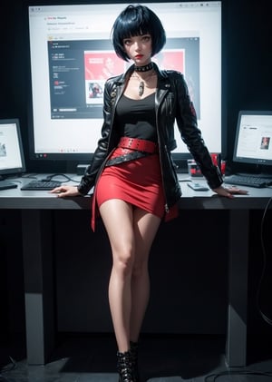 full body, looking_at_viewer, 1_girl, cyberpunk, shot, scene, Tae Takemi, Persona 5 game, blue dark hair, pink lips, punkrock clothes, neck bone, messy bob cut, blunt bangs, brown eyes, red nails, short blue dress with a white spiderweb design, black ripped leggings, short black jacket, red grommet belt, choker, midnight, clinic background, sexy pose, erotic pose, sweating