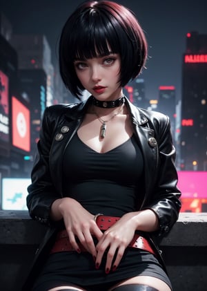 masterpiece, best quality, (detailed background), (beautiful detailed face, beautiful detailed eyes), absurdres, highres, ultra detailed, masterpiece, best quality, detailed eyes, upper body, 1_girl, cyberpunk scene, Tae Takemi, Persona 5 game, blue dark hair, pink lips, punkrock clothes, neck bone, messy bob cut, blunt bangs, brown eyes, red nails polish, short blue dress, black ripped leggings, short black jacket, red grommet belt, choker, midnight, city background, sexy pose, erotic pose, alluring pose, mouth open, kinky, close-fitting clothing, undressing, arms_crossed, arms_folded, crossed_legs_(sitting)