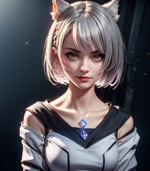 masterpiece, best quality, (detailed background), (beautiful detailed face, beautiful detailed eyes), absurdres, highres, ultra detailed, masterpiece, best quality, detailed eyes, Mio, From Xenoblade, 1girl, animal ears, grey hair, braid, breasts, fingerless gloves, jacket, looking, at viewer, off shoulder, short hair, female_solo, yellow eyes, smile, arms_crossed, arms_folded, at a base, neck bone, cat ears