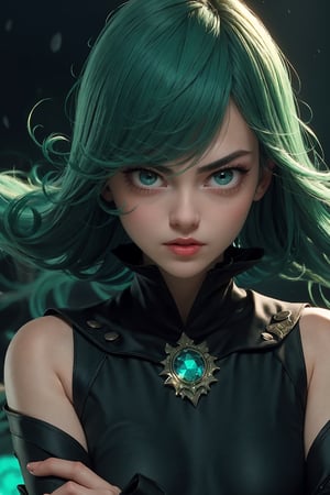 masterpiece, best quality, (detailed background), (beautiful detailed face, beautiful detailed eyes), absurdres, highres, ultra detailed, masterpiece, best quality, detailed eyes, frown, green_eyes, green hair, crossed_arms, folded arms, floating, dark green tight dress, long_sleeves, high collar, ,asian girl, upper body, sexy pose, alluring, erotic pose, open mouth, seductive, kinky, close-fitting clothing, neck bone, at the heroes base, midnight, cyberounk scene, neon lights, upper body, close shot, windy, green lightings aura, shining eyes