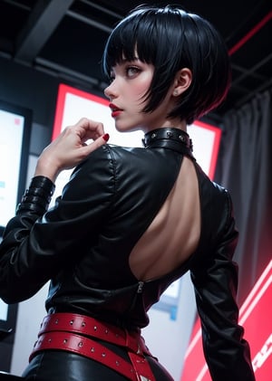 upper body, from behind, maximum quality, 1_girl, cyberpunk, shot, scene, Tae Takemi, Persona 5 game, blue dark hair, pink lips, punkrock clothes, neck bone, messy bob cut, blunt bangs, brown eyes, red nails polish, short blue dress with a white spiderweb design, black ripped leggings, short black jacket, red grommet belt, choker, midnight, clinic background, sexy pose, erotic pose, sweating