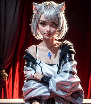 masterpiece, best quality, (detailed background), (beautiful detailed face, beautiful detailed eyes), absurdres, highres, ultra detailed, masterpiece, best quality, detailed eyes, Mio, From Xenoblade chronicles 3, 1girl, animal ears, grey hair, braid, breasts, fingerless gloves, jacket, looking, at viewer, off shoulder, short hair, female_solo, yellow eyes, smile, arms_crossed, arms_folded, at a base, neck bone, cat ears, 1girl, sexy pose, alluring