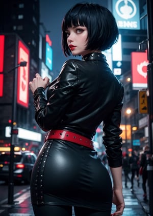 upper body, from behind, perfect body, maximum quality, 1_girl, cyberpunk scene, Tae Takemi, Persona 5 game, blue dark hair, pink lips, punkrock clothes, neck bone, messy bob cut, blunt bangs, brown eyes, red nails polish, short blue dress with a white spiderweb design, black ripped leggings, short black jacket, red grommet belt, choker, midnight, city background, sexy pose, erotic pose, sweating