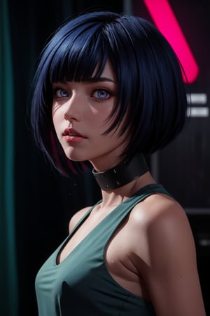 masterpiece, best quality, (detailed background), (beautiful detailed face, beautiful detailed eyes), absurdres, highres, ultra detailed, masterpiece, best quality, detailed eyes, brown_eyes, dark blue hair, alluring, close mouth, neck bone, at the bed room, midnight, cyberpunk scene, neon lights, lightning, light particles, electric, dj theme, synthwave theme, (bokeh:1.1), depth of field, looking_at_viewer, pov_eye_contact, dark blue hair, brownish eyes, fair complexion, pink lips, kinki, Tae Takemi,  short blue dress, smirk, model pose,  messy bob cut, blunt bangs, close fiting clothing, choker, erotic