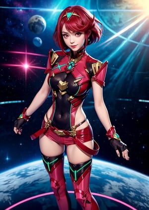 upper body shot,female, woman, cyberpunk scene, Pyra, From Xenoblade Chronicles, armor, bangs, black gloves, breasts, red eyes, closed mouth, earrings, eyelashes, fingerless gloves, floating hair, framed breasts, gem, gloves, hair ornament, headpiece, jewelry, large breasts, leaning back, leotard, neon trim, official art, pose, red hair, red shorts, saitou masatsugu, short hair, short sleeves, shorts, sidelocks, skin tight, solo, standing, swept bangs, thighhighs, tiara, space background, parted lips, smirk, looking_at_viewer, full body shot, alluring, sexy pose, erotic pose, pyra \(xenoblade\)