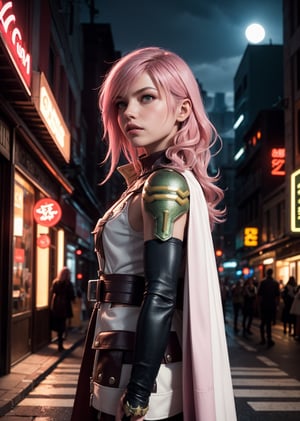 Master Piece, Best quality, upper body shot,female, woman, clothes ,cyberpunk scene, Lightning, Final Fantasy 13 game, Light pink hair, pink lips,, neck bone, midnight, city background, small breast, upper_body, lightning farron, Guardian Corp Uniform, ankle-length red cape attached to the left side of her back, light burgundy leather detachable pocket on her left leg,  green metallic pauldron over her left shoulder bearing yellow stripes, carries her gunblade in a black case that hangs off her belt, wears a necklace with a lightning bolt pendant, expressionless, closed mouth, partied lips, straight nose, from side