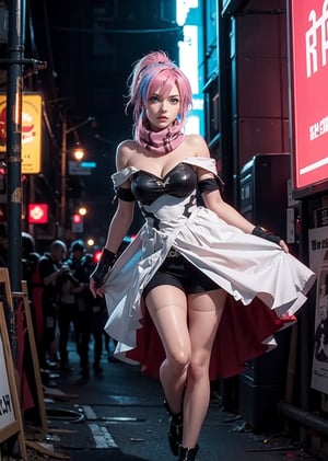 full body shot,female, woman, 20 year old woman, cyberpunk scene, blue light hair, Multi colored hair, pink_hair, red, hair, pink lips, neck bone, messy haircut, midnight, secret hideout background, SINON1,shionne1, erotic pose, alluring, sexy pose, maximum quality, perfect skin, no_sleeves, black shorts, dress, cleavage, fingerless gloves, scarf, kissy lips, hand armor, white dress,Yoko Littner, lighting effect, pony tail
