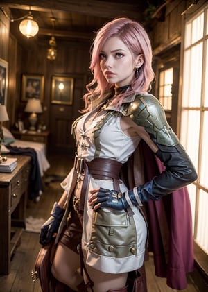 Master Piece, Best quality, upper body shot, 1_girl, woman, ,cyberpunk scene, Lightning, Final Fantasy 13 game, Light pink hair, pink lips,, neck bone, midnight, on her room, small breast, full body, lightning farron, Guardian Corp Uniform, ankle-length red cape attached to the left side of her back, light burgundy leather detachable pocket on her left leg,  green metallic pauldron over her left shoulder bearing yellow stripes, carries her gunblade in a black case that hangs off her belt, wears a necklace with a lightning bolt pendant, expressionless, closed mouth, partied lips, straight nose, from side, looking_at_viewer, fingerless gloves, boots, alluring, sexy pose,kisara
