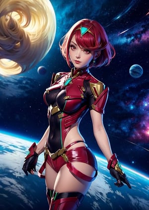 upper body shot, 1_girl, woman, cyberpunk scene, Pyra, From Xenoblade Chronicles, armor, bangs, black gloves, breasts, red eyes, closed mouth, earrings, eyelashes, fingerless gloves, floating hair, framed breasts, gem, gloves, hair ornament, headpiece, jewelry, large breasts, leaning back, leotard, neon trim, official art, pose, red hair, red shorts, saitou masatsugu, short hair, short sleeves, shorts, sidelocks, skin tight, solo, standing, swept bangs, thighhighs, tiara, space background, parted lips, happy, From side, upper body, alluring, sexy pose, erotic pose, pyra \(xenoblade\)