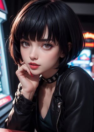 masterpiece, best quality, (detailed background), (beautiful detailed face, beautiful detailed eyes), absurdres, highres, ultra detailed, masterpiece, best quality, detailed eyes, 1_girl, Tae Takemi, Persona 5 game, blue dark hair, pink lips, neck bone, messy bob cut, blunt bangs, brown eyes, red nails polish, short blue dress, panty_hose, short black jacket, red grommet belt, choker, midnight, at a arcade background, model pose, mouth open, close-fitting clothing, pov_eye_contact, upper_body, happy_face, blushing