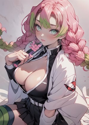 masterpiece, best quality, (detailed background), (beautiful detailed face, beautiful detailed eyes), absurdres, highres, ultra detailed, masterpiece, best quality, detailed eyes, 1_girl, pink lips, neck bone, midnight, mitsuri(demon slayer), green_eyes, pink hair, multicolored hair green, well-toned woman, pale skin,  modified pink tinted version of the standard Demon Slayer uniform along with a plain white haori, chest area of her uniform is left unbuttoned and she wears a short pleated skirt in place of the usual tattsuke-hakama pants, blue thigh-high socks layered with the vertically striped lime-green socks