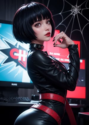 upper body, from side, maximum quality, 1_girl, cyberpunk, shot, scene, Tae Takemi, Persona 5 game, blue dark hair, pink lips, punkrock clothes, neck bone, messy bob cut, blunt bangs, brown eyes, red nails polish, short blue dress with a white spiderweb design, black ripped leggings, short black jacket, red grommet belt, choker, midnight, clinic background, sexy pose, erotic pose, sweating