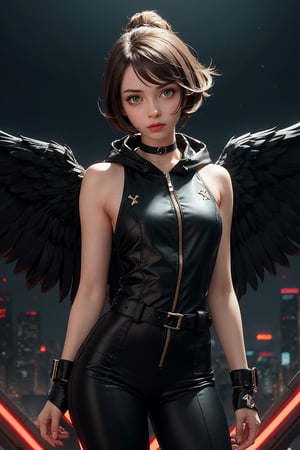 masterpiece, best quality, (detailed background), (beautiful detailed face, beautiful detailed eyes), absurdres, highres, ultra detailed, masterpiece, best quality, detailed eyes, frown, Eunie, From Xenoblade Chronicles 3 game, blue_eyes, brown hair, white wings atop her head, shoulder-length light brown hair,  sleeveless skintight jumpsuit, a black hooded jacket with yellow-green accents, black sneakers with the same green accents, belt, black choker, uper body, close-fitting clothing, neck bone, at the city, midnight, cyberpunk scene, neon lights, synthwave theme, (bokeh:1.1), depth of field