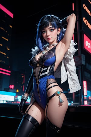 masterpiece, best quality, (detailed background), (beautiful detailed face, beautiful detailed eyes), absurdres, highres, ultra detailed, masterpiece, best quality, detailed eyes, green-eyes, , green iris, blue hair, crossed_arms, folded arms, upper body, close-fitting clothing, neck bone, at the city , midnight, cyberpunk scene, neon lights, splashes, light particles, electric, dj theme, synthwave theme, (bokeh:1.1), depth of field ,guiltys,yelan_\(genshin_impact\), necklace dice on her chest, sleeveless dark outfit with with a white jacket hanging, heeled shoes, hydro vision hanging, body panty_hose, mole on boob, white fingerless gloves, marked v, marked abs, showing_armpits, smile,