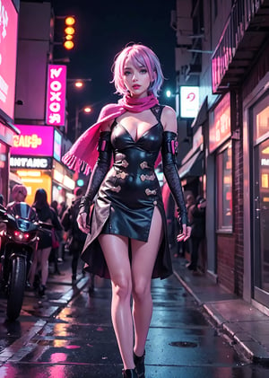 full body shot,female, woman, 20 year old woman, cyberpunk scene, blue light hair, Multi colored hair, pink_hair, pink lips, neck bone, messy haircut, midnight, city background, SINON1,shionne1, erotic pose, alluring, sexy pose, maximum quality, perfect skin, no_sleeves, black shorts, dress, cleavage, fingerless gloves, scarf, kissy lips