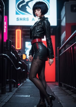 full body, from side, perfect body, maximum quality, shot, 1_girl, cyberpunk scene, Tae Takemi, Persona 5 game, blue dark hair, pink lips, punkrock clothes, neck bone, messy bob cut, blunt bangs, brown eyes, red nails polish, short blue dress with a white spiderweb design, black ripped leggings, short black jacket, red grommet belt, choker, midnight, city background