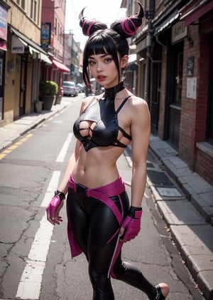 upper body shot,female,  pink lips, black Thights, neck bone, medium long haircut, midnight, at a Alley, parted lips, serious, looking_at_viewer, full body shot, alluring, sexy pose, marked abs, tongue, wearing Chinese bra-like top, chest supported with eight straps that meet on her back, forming a spider pattern, wears long, baggy, off-white sweatpants, purple tights, long fingerless gloves,  fingernails and toenails are painted bright pink, dark hair styled into two horns on top of her head, which appear to be fastened with pink ribbons, wears Taekwondo foot wraps on her feet