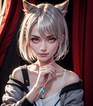 masterpiece, best quality, (detailed background), (beautiful detailed face, beautiful detailed eyes), absurdres, highres, ultra detailed, masterpiece, best quality, detailed eyes, Mio, From Xenoblade, 1girl, animal ears, grey hair, braid, breasts, fingerless gloves, jacket, looking, at viewer, off shoulder, short hair, female_solo, yellow eyes, smile, arms_crossed, arms_folded, at a landscape