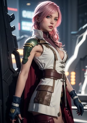 Master Piece, Best quality, upper body shot, 1_girl, woman, ,cyberpunk scene, Lightning, Final Fantasy 13 game, Light pink hair, pink lips,, neck bone, midnight, on top of a ship background, small breast, full body, lightning farron, Guardian Corp Uniform, ankle-length red cape attached to the left side of her back, light burgundy leather detachable pocket on her left leg,  green metallic pauldron over her left shoulder bearing yellow stripes, carries her gunblade in a black case that hangs off her belt, wears a necklace with a lightning bolt pendant, expressionless, closed mouth, partied lips, straight nose, from side, looking_at_viewer, fingerless gloves, boots, alluring, sexy pose