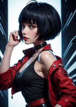 upper body, looking_at_viewer, from side, 1_girl, cyberpunk, shot, scene, Tae Takemi, Persona 5 game, blue dark hair, pink lips, punkrock clothes, neck bone, messy bob cut, blunt bangs, brown eyes, red nails, short blue dress with a white spiderweb design, black ripped leggings, short black jacket, red grommet belt, choker, midnight, clinic background, sexy pose, erotic pose, sweating