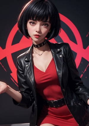 masterpiece, best quality, (detailed background), (beautiful detailed face, beautiful detailed eyes), absurdres, highres, ultra detailed, masterpiece, best quality, detailed eyes, 1_girl, Tae Takemi, Persona 5 game, blue dark hair, pink lips, neck bone, messy bob cut, blunt bangs, brown eyes, red nails polish, short blue dress, panty_hose, short black jacket, red grommet belt, choker, midnight, at yongen-jaya background, model pose, mouth open, close-fitting clothing, pov_eye_contact, upper_body, happy_face, blushing