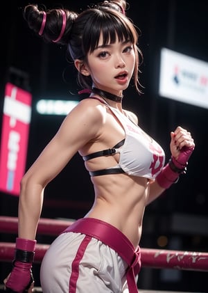 maximum quality, perfect body, 1_girl, pink lips, neck bone, midnight, at a alley, city lights, neon lights, korea, open mouth, serious, looking_at_viewer, upper body shot, from side, alluring, sexy pose, sadistic eyes, fighting pose, marked abs, sticking_out_tongue, tongue out, wearing Chinese bra-like top, chest supported with eight straps that meet on her back forming a spider pattern, wearing long, baggy off-white sweatpants, fingerless gloves,  fingernails and toenails are painted bright pink, dark hair styled into two horns on top of her head, which appear to be fastened with pink ribbons,Taekwondo foot wraps on her feet,han juri(sf), happy