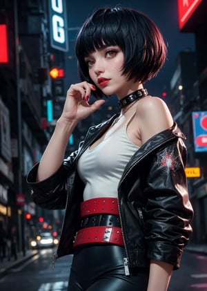 upper body, from side, perfect body, maximum quality, shot, 1_girl, cyberpunk scene, Tae Takemi, Persona 5 game, blue dark hair, pink lips, punkrock clothes, neck bone, messy bob cut, blunt bangs, brown eyes, red nails polish, short blue dress with a white spiderweb design, black ripped leggings, short black jacket, red grommet belt, choker, midnight, city background, sexy pose, erotic pose, sweating