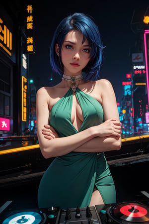 masterpiece, best quality, (detailed background), (beautiful detailed face, beautiful detailed eyes), absurdres, highres, ultra detailed, masterpiece, best quality, detailed eyes, frown, green_eyes, blue hair, crossed_arms, folded arms, blue green tight dress high collar, ,asian girl, upper body, sexy pose, alluring, erotic pose, seductive, kinky, close-fitting clothing, neck bone, at the city , midnight, cyberpunk scene, neon lights, splashes, light particles, electric, dj theme, synthwave theme, (bokeh:1.1), depth of field ,guiltys,yelan_\(genshin_impact\)