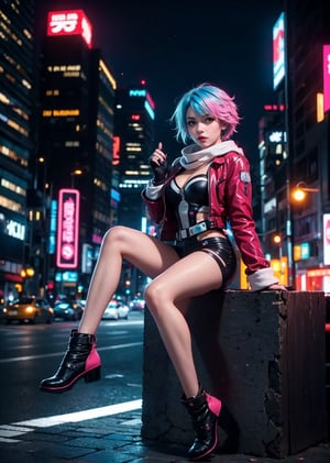 full body shot,female, woman, 20 year old woman, cyberpunk scene, blue light hair, Multi colored hair, pink_hair, pink lips, neck bone, messy haircut, midnight, city background, SINON1,shionne1, erotic pose, alluring, sexy pose, maximum quality, perfect skin, no_sleeves, black shorts, dress, cleavage, fingerless gloves, scarf, kissy lips