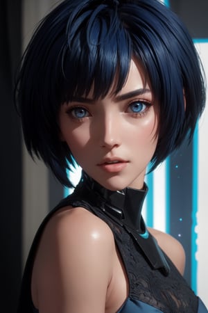 masterpiece, best quality, (detailed background), (beautiful detailed face, beautiful detailed eyes), absurdres, highres, ultra detailed, masterpiece, best quality, detailed eyes, brown_eyes, dark blue hair, alluring, close mouth, neck bone, at the bed room, midnight, cyberpunk scene, neon lights, lightning, light particles, electric, dj theme, synthwave theme, (bokeh:1.1), depth of field, looking_at_viewer, pov_eye_contact, dark blue hair, brownish eyes, fair complexion, pink lips, kinki, Tae Takemi,  short blue dress, smirk